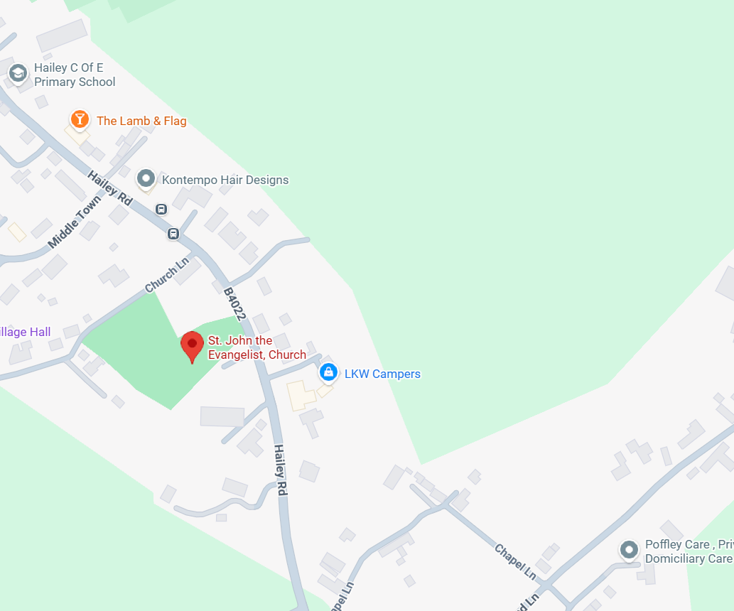 Map showing the location of St John the Evangelist Church, Hailey