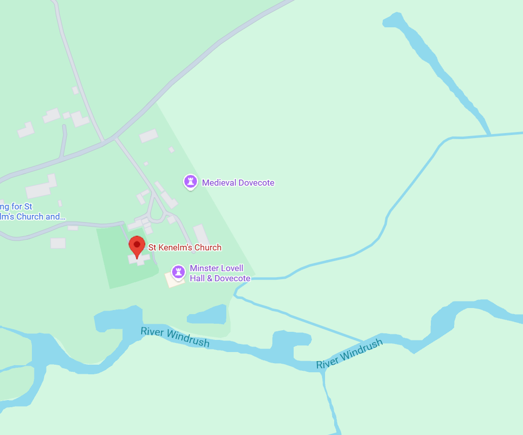 Map showing the location of St Kenelm’s Church, Minster Lovell