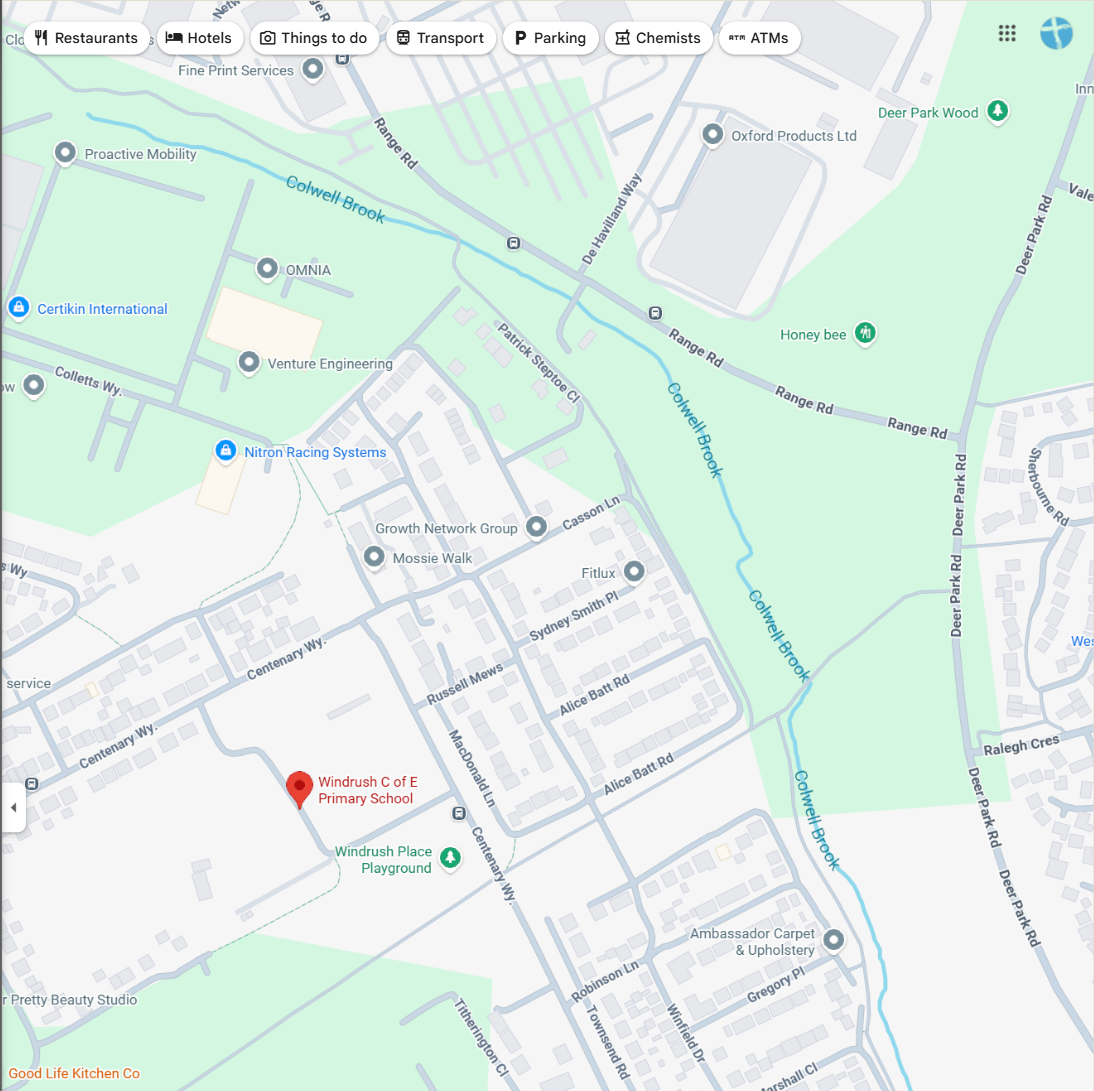 Map showing the location of Windrush Church at Windrush C of E Primary School